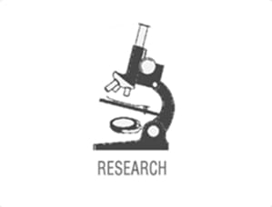 Black and white microscope icon with 'RESEARCH' text.