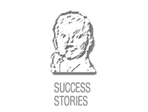 Illustration of a bust with 'SUCCESS STORIES' text below.
