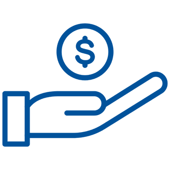 Blue icon of a hand holding a coin.