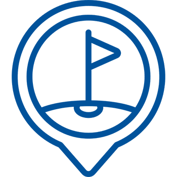 Icon of a golf hole with flag in a map marker style.