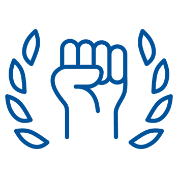 Blue fist icon surrounded by laurel wreath symbolizing victory or strength.