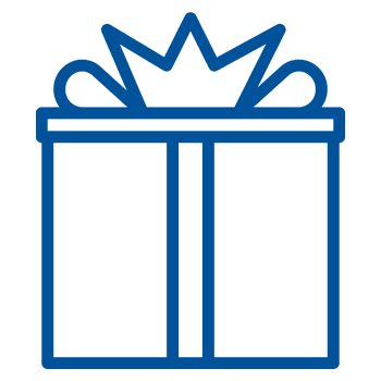 A blue gift box icon with a ribbon and bow on top.