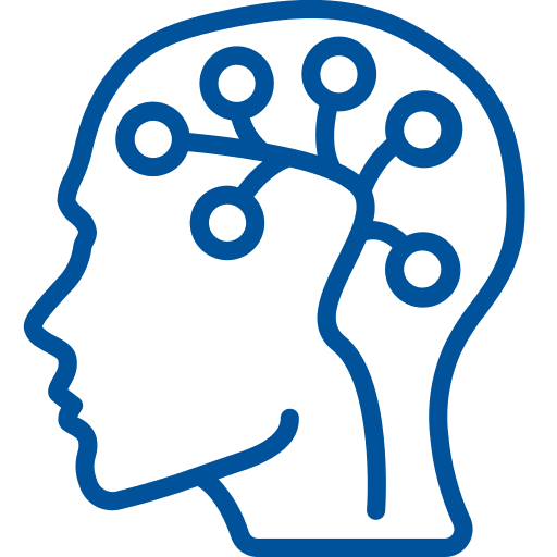 Blue icon of a human head with a brain outline inside.