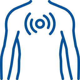 White icon of a person wearing headphones on a blue background.