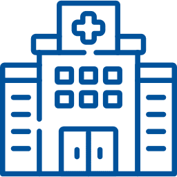 Blue hospital building icon with a cross at the top.