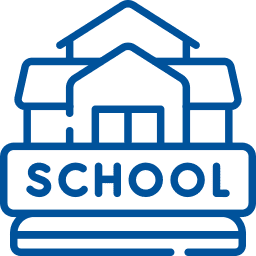 Blue icon of a school building with a book underneath.